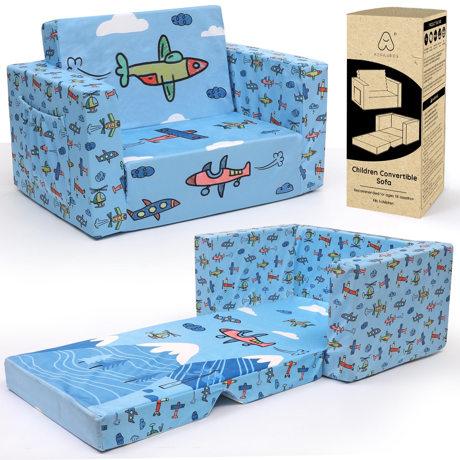Acrabros Kids Couch: Toddler Sofa Bed Fold Out For Gilrs Boys Baby Flip Out Convertible Lounge Chair Airplane